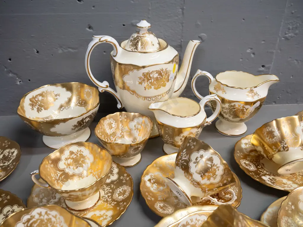 Hammersley cream & heavily gilded part coffee & tea sets - coffee pot, 5 cups & saucers, sugar bowl and creamer, Image 1++