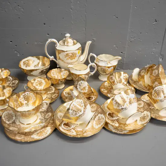 Hammersley cream & heavily gilded part coffee & tea sets - coffee pot, 5 cups & saucers, sugar bowl and creamer,