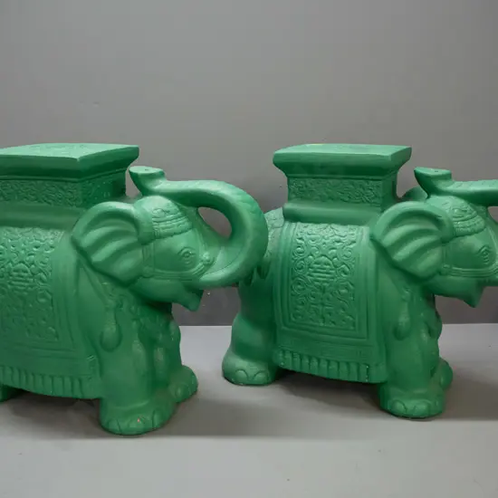 pair of asian green painted terracotta large elephant plant stands  H-440 W-550 W-230