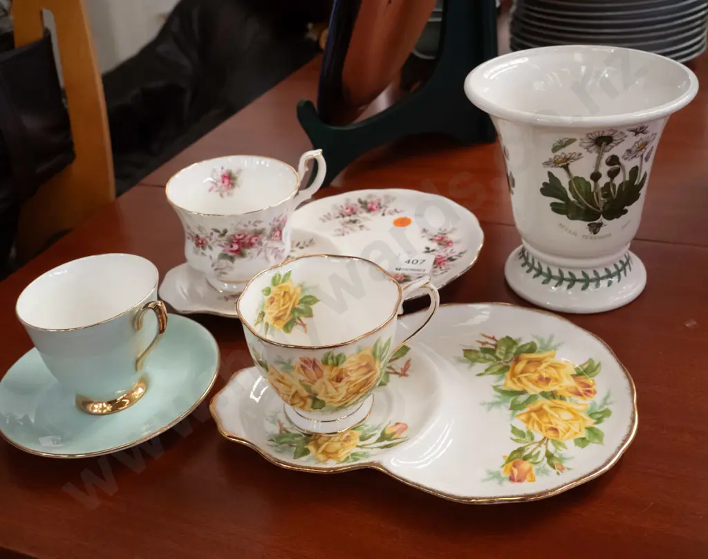 Portmeirion botanical vase, 2x Royal Albert tennis sets, blue and gold rimmed cup and saucer Image 1++