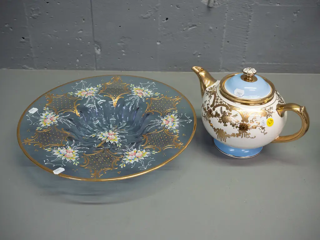 Gibsons hand painted gilt and cream glaze teapot and an Italian Venetian style hand painted floral and gilt shallow blue Image 1++