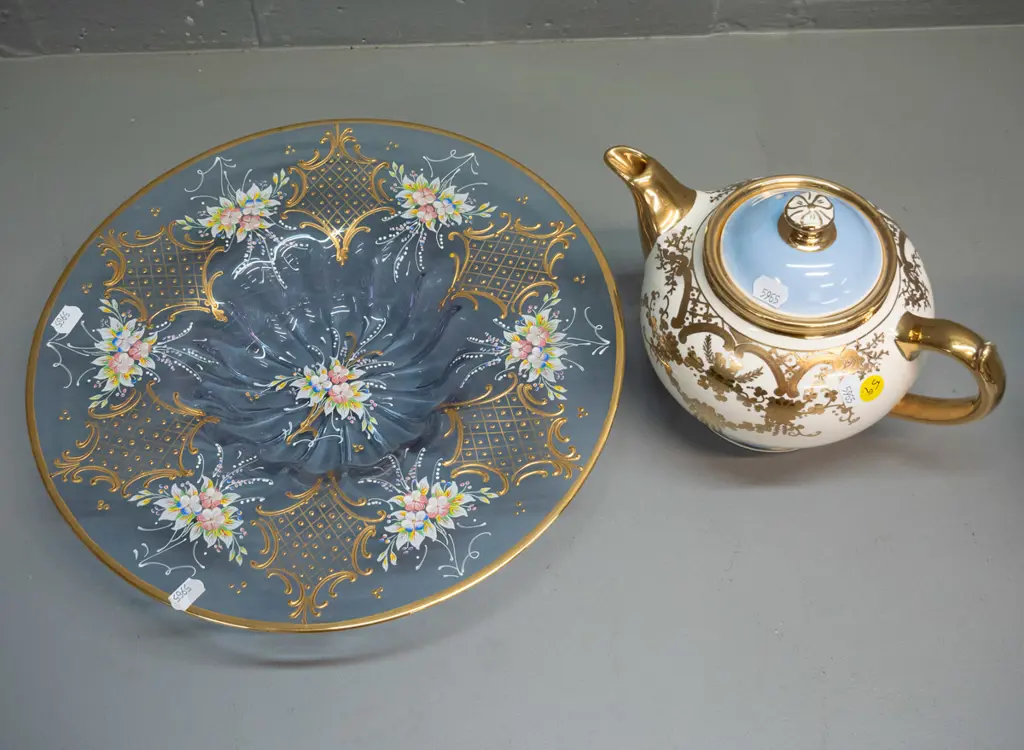 Gibsons hand painted gilt and cream glaze teapot and an Italian Venetian style hand painted floral and gilt shallow blue Image 1++