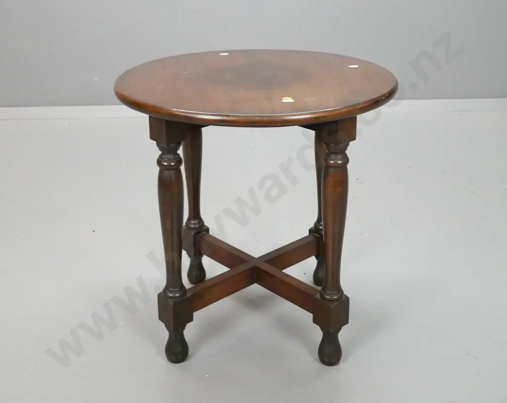 vintage beech circular side table with turned legs, x-frame base. Uneven finish on top H-480 D-490 Image 1++