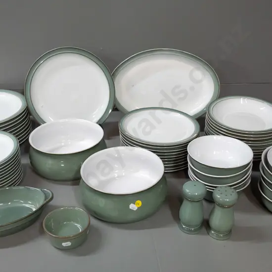 Denby "Regency Green" pattern tableware - 10 dinners, luncheon plates, soups, sides, small oval ashett, 2 serving bowls,