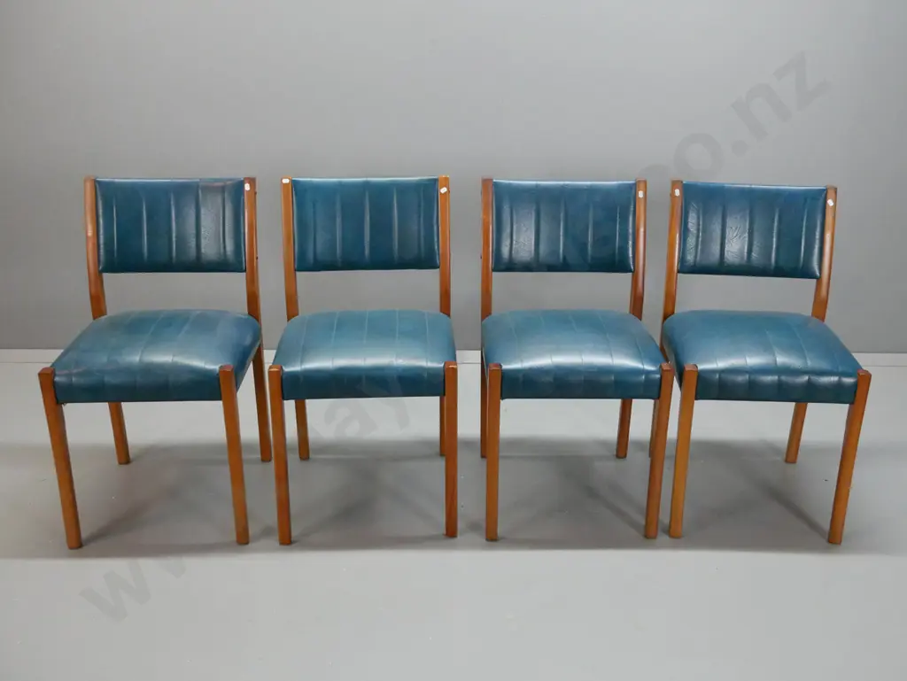 retro mahogany dining suite with 4 ribbed pattern teal vinyl covered chairs, draw leaf veneered top. 3 chairs have loose Image 1++