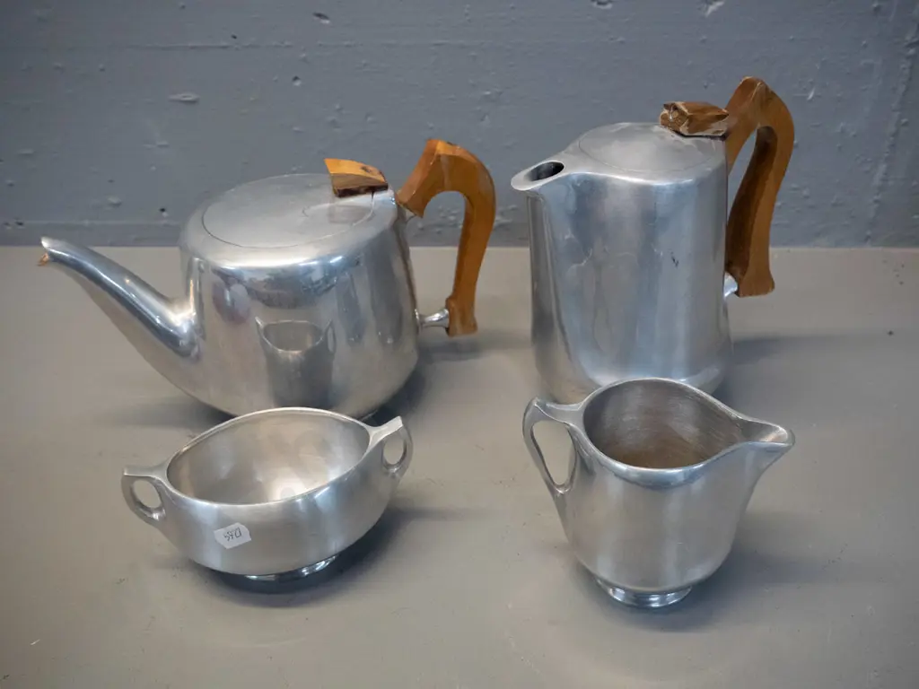 mid-century Picquot Ware English aluminium coffee / tea set with timber handles - polish on timber deteriorating, some Image 1++