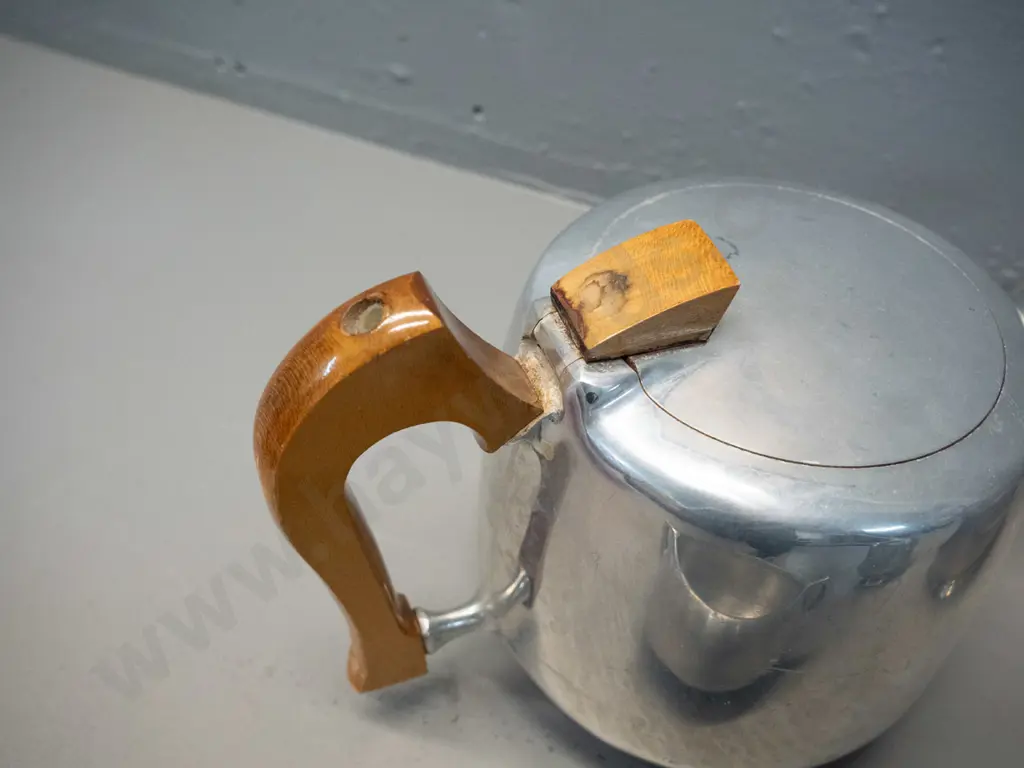 mid-century Picquot Ware English aluminium coffee / tea set with timber handles - polish on timber deteriorating, some Image 1++