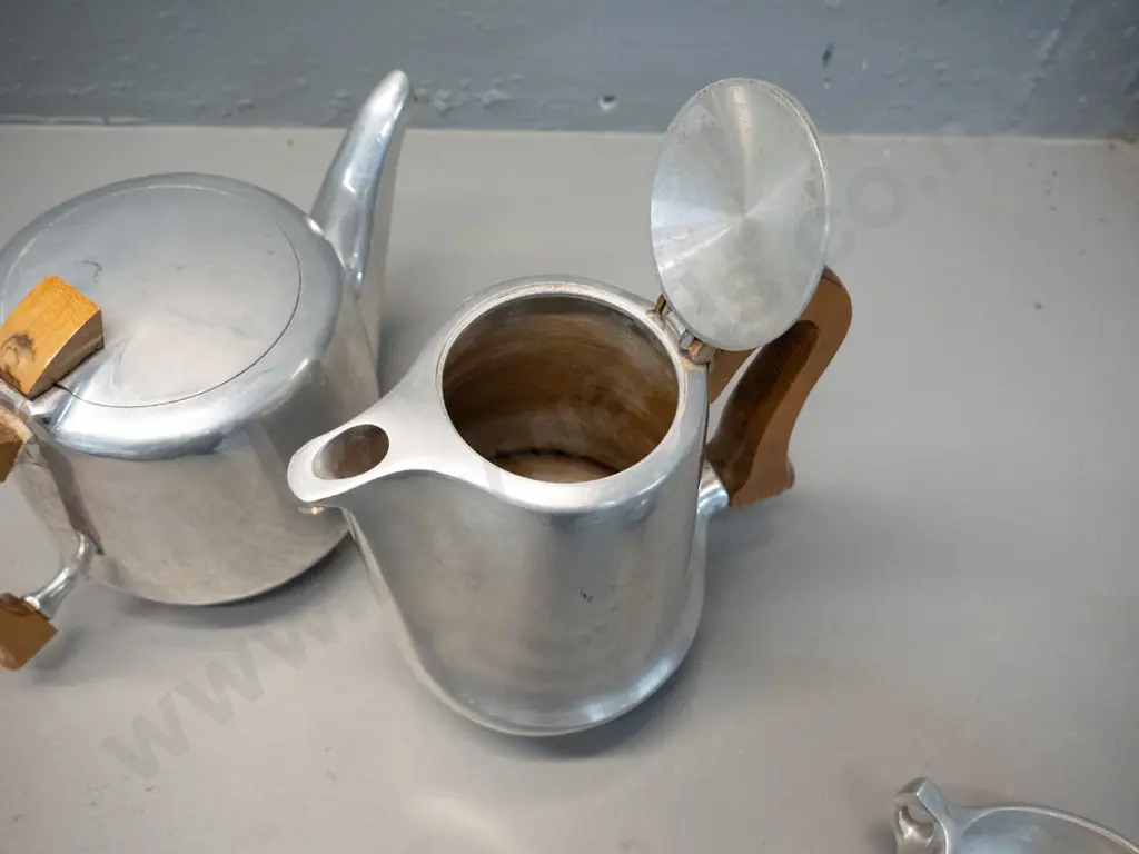 mid-century Picquot Ware English aluminium coffee / tea set with timber handles - polish on timber deteriorating, some Image 1++