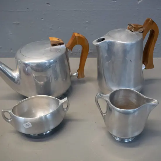 mid-century Picquot Ware English aluminium coffee / tea set with timber handles - polish on timber deteriorating, some