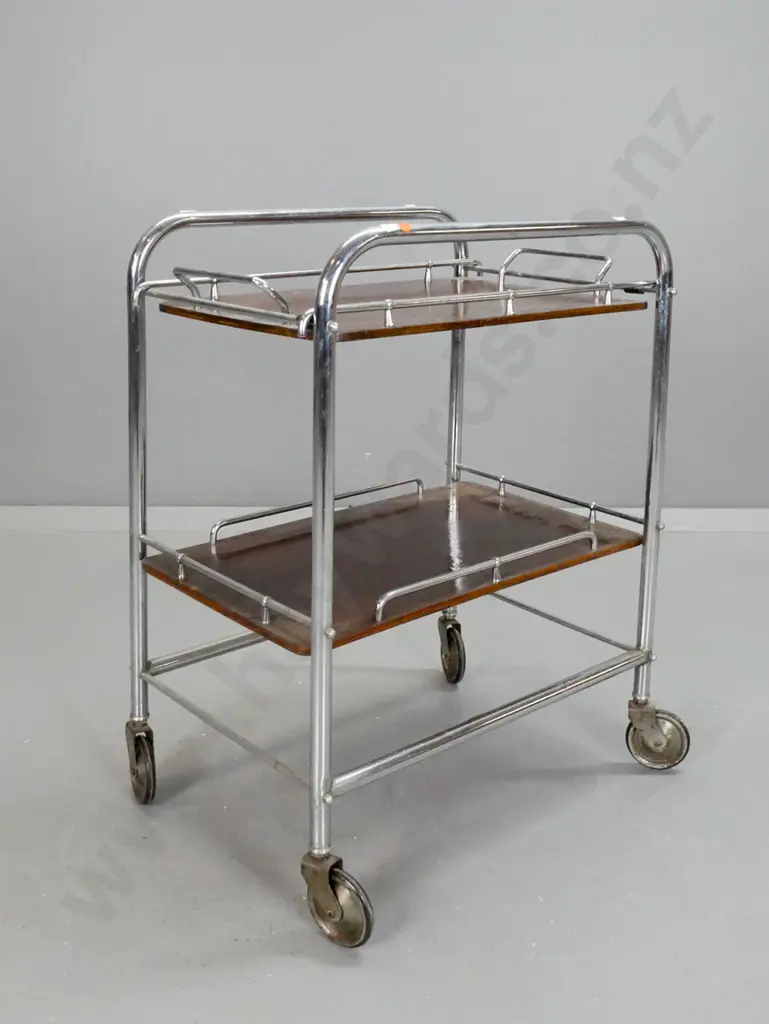 art deco drinks or tea trolley with tubular chrome frame, lift-out timber tray, chrome gallery rails, large rubber Image 1++