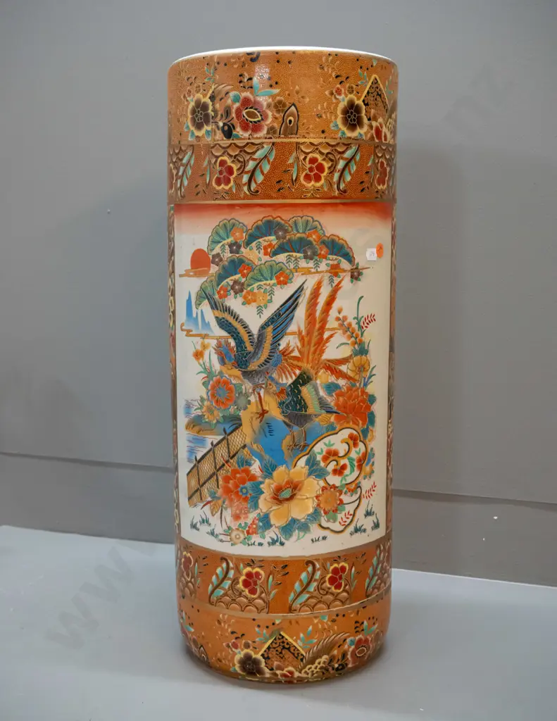 hand painted umbrella stand with multi-colour traditional Chinese bird motifs H-600 D-230 Image 1++