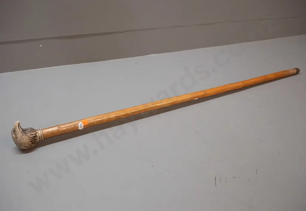 timber walking stick with (composite?) faux carved bone eagle head knob & brass tip - has split to timber L-910 Image 1++