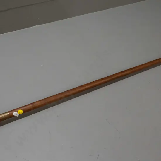 timber walking stick with carved lion head handle, beaten metal band, rubber tip L-885