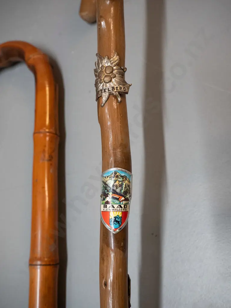 2 bentwood walking sticks - one with metal souvenir shields, other is bamboo L-845 Image 1++