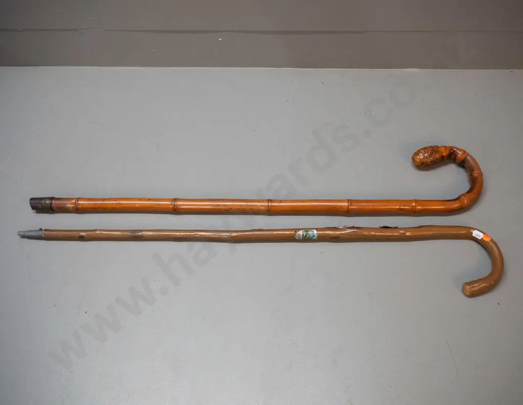 2 bentwood walking sticks - one with metal souvenir shields, other is bamboo L-845 Image 1++