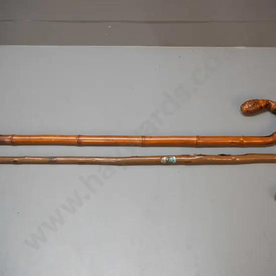 2 bentwood walking sticks - one with metal souvenir shields, other is bamboo L-845