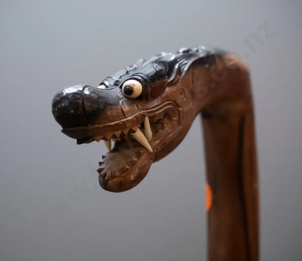 hardwood timber walking stick with Asian style carved dragon head handle with bone inset teeth and eyes L-930 Image 1++