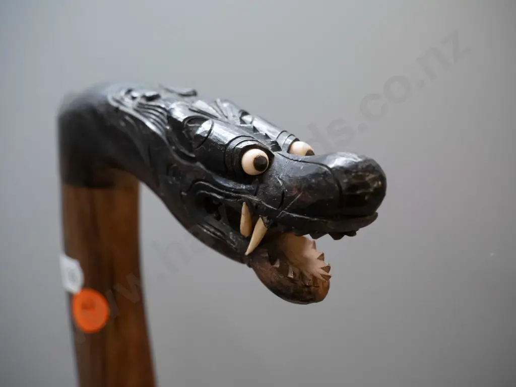 hardwood timber walking stick with Asian style carved dragon head handle with bone inset teeth and eyes L-930 Image 1++