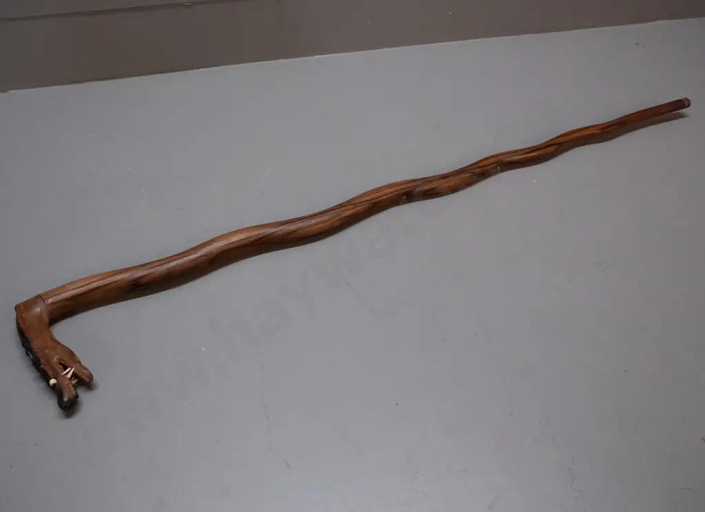 hardwood timber walking stick with Asian style carved dragon head handle with bone inset teeth and eyes L-930 Image 1++
