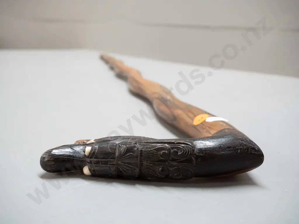 hardwood timber walking stick with Asian style carved dragon head handle with bone inset teeth and eyes L-930 Image 1++