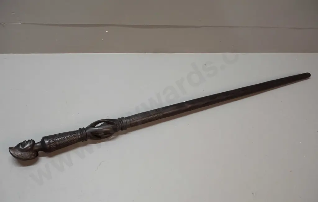 ebonised carved and pierced hardwood timber walking stick with tribal motifs L-900 Image 1++