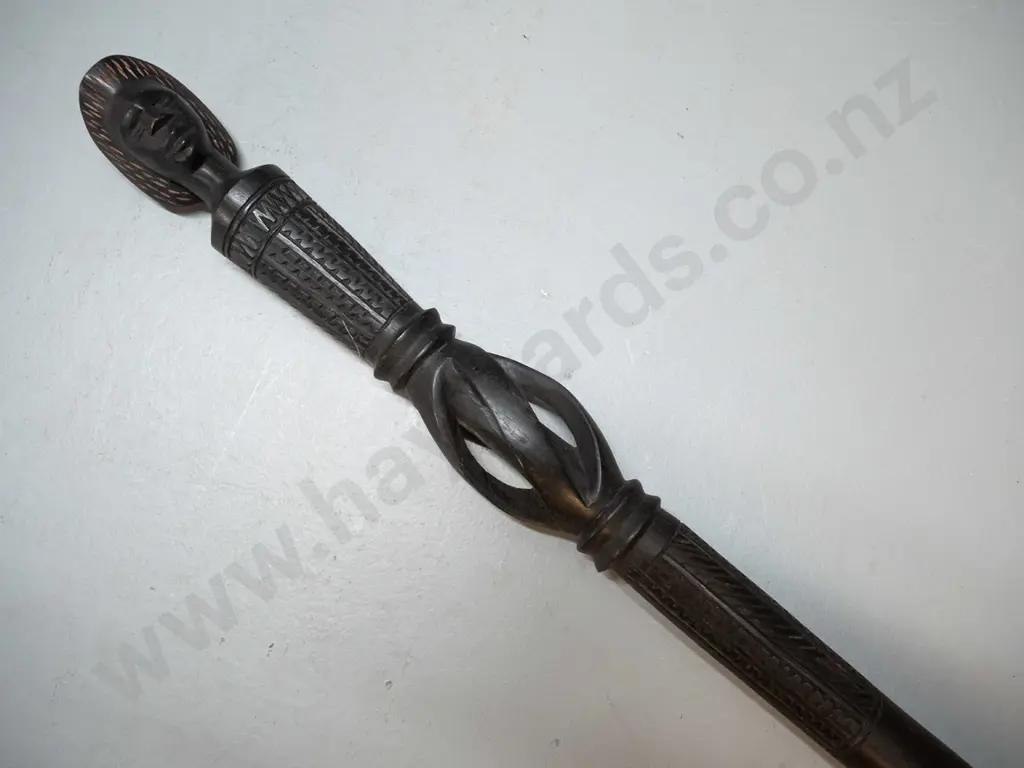 ebonised carved and pierced hardwood timber walking stick with tribal motifs L-900 Image 1++