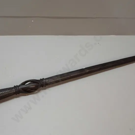 ebonised carved and pierced hardwood timber walking stick with tribal motifs L-900