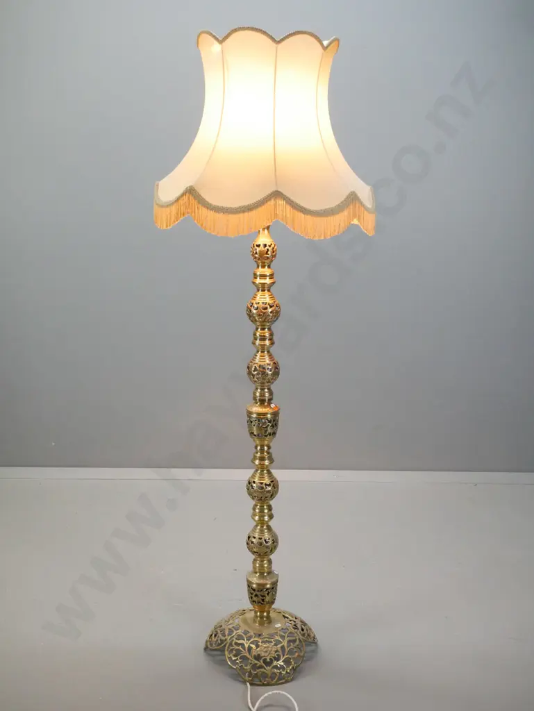 ornate pierced cast brass finish standard lamp with tasselled fabric shade - some pitting to metal surface H-1750 Image 1++