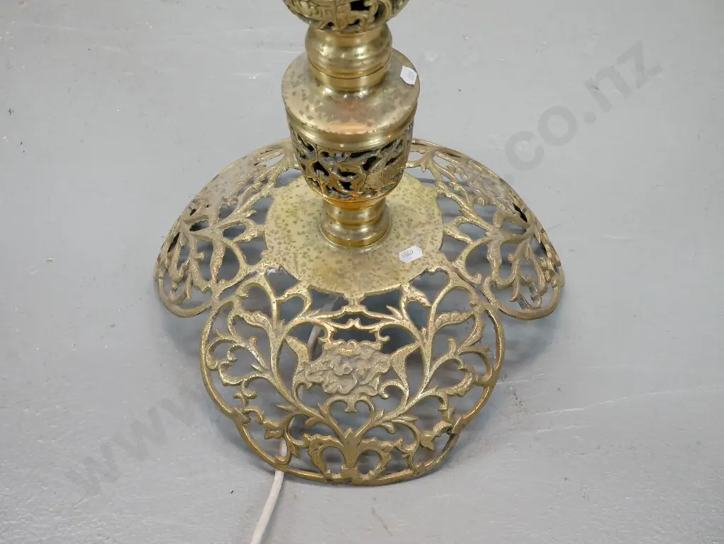 ornate pierced cast brass finish standard lamp with tasselled fabric shade - some pitting to metal surface H-1750 Image 1++