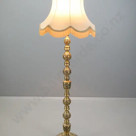 ornate pierced cast brass finish standard lamp with tasselled fabric shade - some pitting to metal surface H-1750