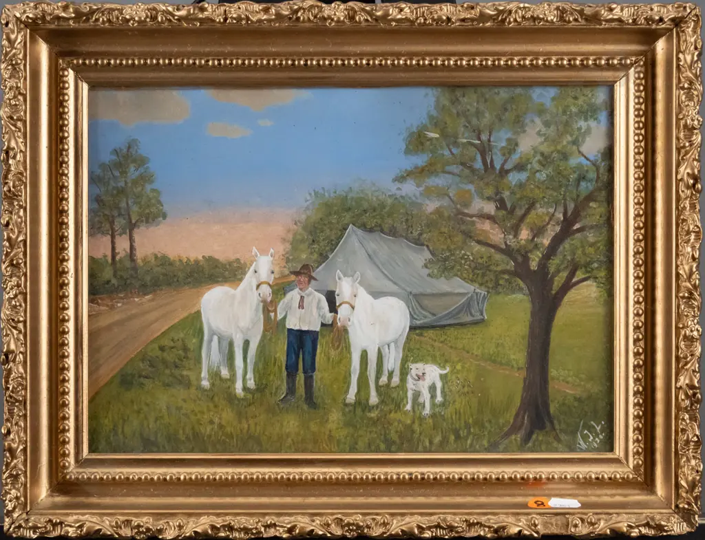 WJL 1920 - framed watercolour - man with horses and dog H-210 W-290 Image 1++