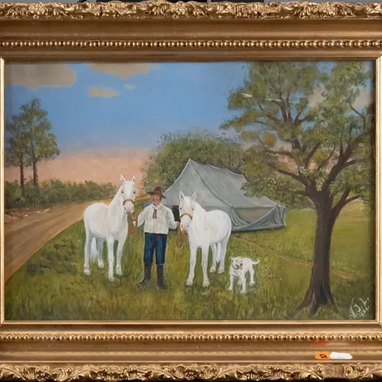 WJL 1920 - framed watercolour - man with horses and dog H-210 W-290