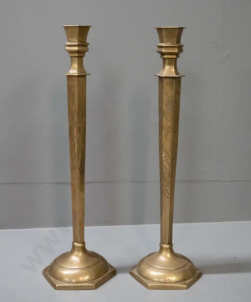 pair of tall etched cast brass candlesticks - likely Indian - H450, Base 120x120 Image 1++