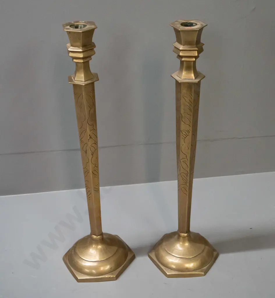 pair of tall etched cast brass candlesticks - likely Indian - H450, Base 120x120 Image 1++