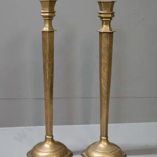 pair of tall etched cast brass candlesticks - likely Indian - H450, Base 120x120