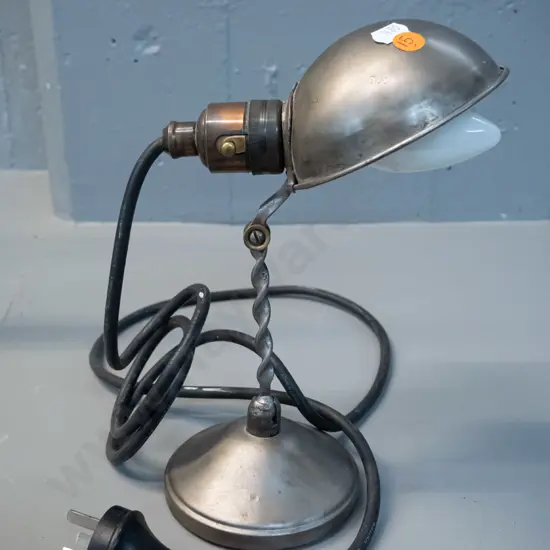 small vintage metal work lamp with spring clip in base, adjustable twisted stem - tested, working H-250