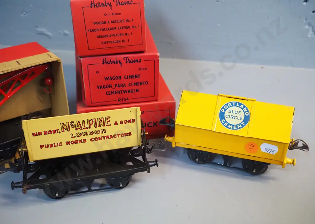 Hornby Gauge O model railway rolling stock -  Portland cement wagon, McAlpine side-tipping wagon, No. 1 Crane truck, all Image 1++