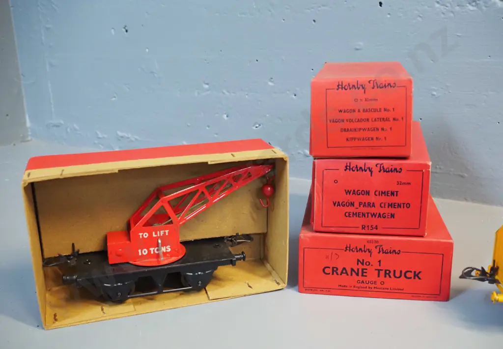 Hornby Gauge O model railway rolling stock -  Portland cement wagon, McAlpine side-tipping wagon, No. 1 Crane truck, all Image 1++
