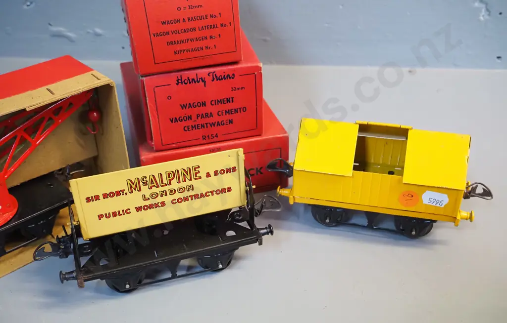 Hornby Gauge O model railway rolling stock -  Portland cement wagon, McAlpine side-tipping wagon, No. 1 Crane truck, all Image 1++