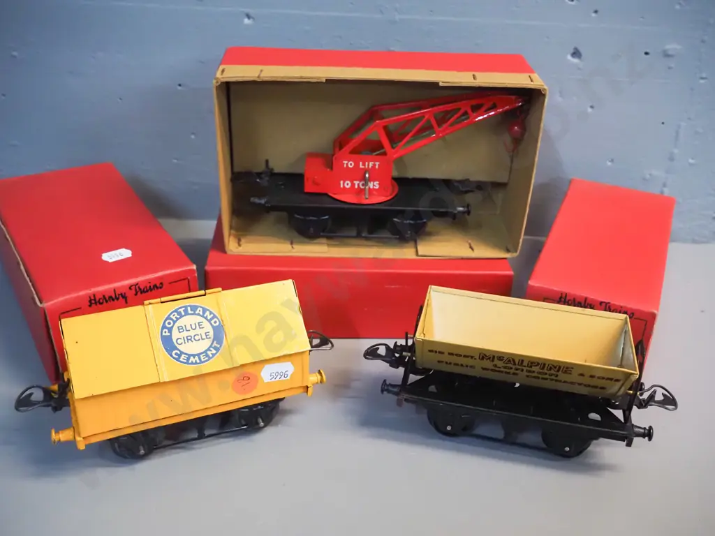 Hornby Gauge O model railway rolling stock -  Portland cement wagon, McAlpine side-tipping wagon, No. 1 Crane truck, all Image 1++