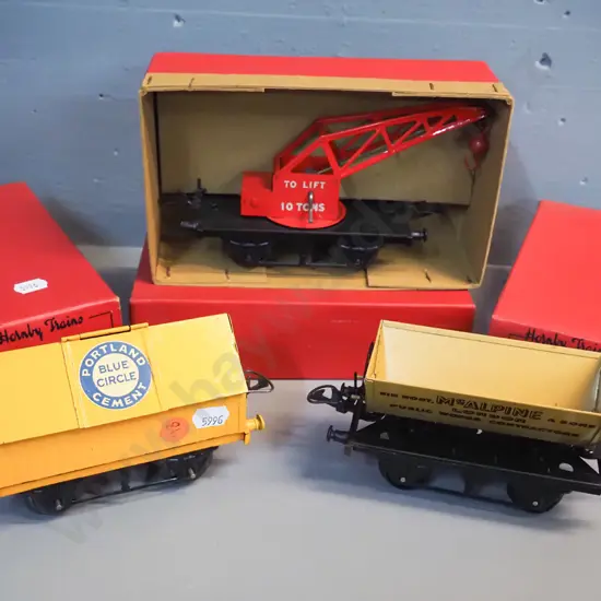 Hornby Gauge O model railway rolling stock -  Portland cement wagon, McAlpine side-tipping wagon, No. 1 Crane truck, all