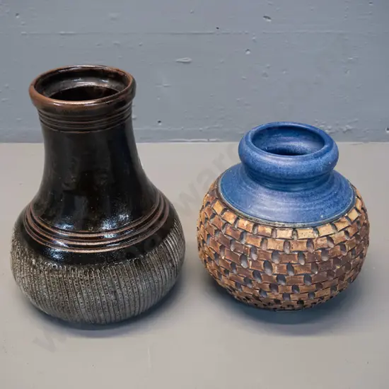 2 studio pottery vases - Twizel Pottery incised band with blue and a Rockwood Pottery Kaikoura brown and cream H-220