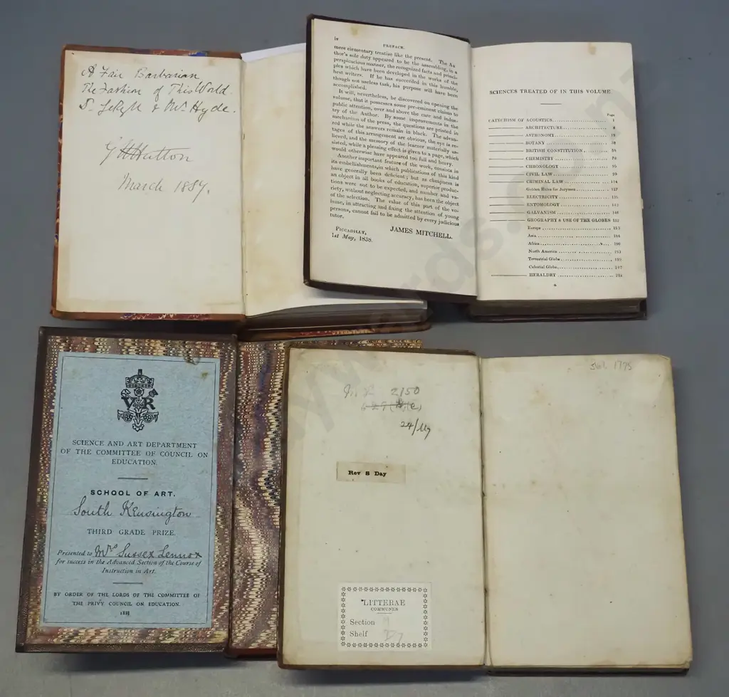4 antique books - 1776 Poems and Play by William Haley, Vol 5 only, 1838 Mitchell's Catechism, 1876 Lives and Works of Image 1++