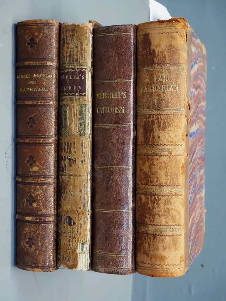 4 antique books - 1776 Poems and Play by William Haley, Vol 5 only, 1838 Mitchell's Catechism, 1876 Lives and Works of Image 1++
