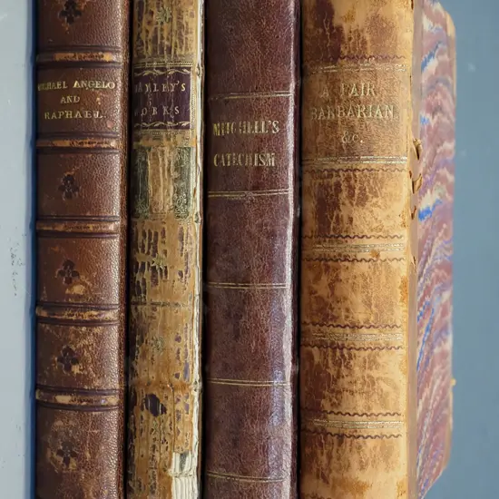 4 antique books - 1776 Poems and Play by William Haley, Vol 5 only, 1838 Mitchell's Catechism, 1876 Lives and Works of