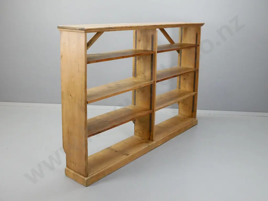 vintage Baltic pine open backed shelving unit with 6 adjustable shelves, 3 each side, with metal strip shelf support. On Image 1++