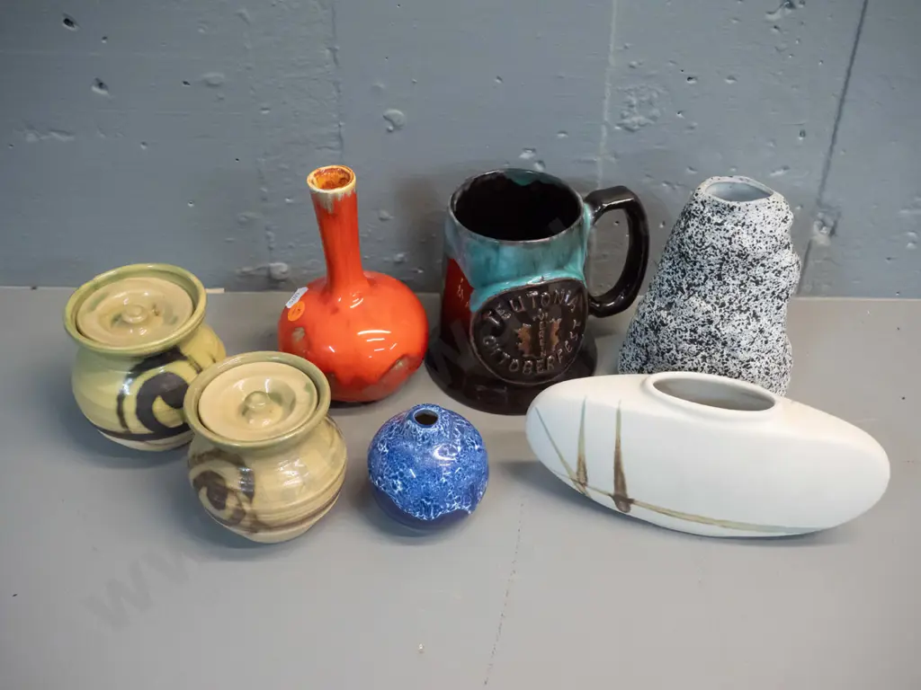 assorted studio pottery items - Royal Canadian Art Pottery mug, pair of Moffatt Scotland jam pots, 4 assorted vases. Image 1++