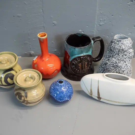 assorted studio pottery items - Royal Canadian Art Pottery mug, pair of Moffatt Scotland jam pots, 4 assorted vases.