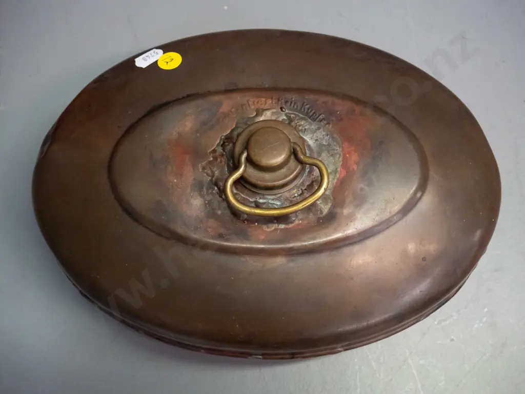 vintage German copper hot water bottle w/brass cap - "Garantiert Rheinkupfer" - has had numerous repairs L-270 Image 1++