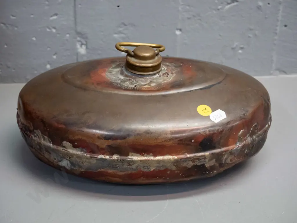 vintage German copper hot water bottle w/brass cap - "Garantiert Rheinkupfer" - has had numerous repairs L-270 Image 1++